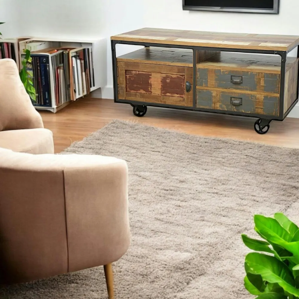 Meubles Tv Industriels|Meubles Tv En Bois|Loft / Loft Colors Meuble TV à roulettes 1 porte, 2 tiroirs, 2 niches en Hévéa recyclé coloré et métal 120x50x60cm LOFT COLORS