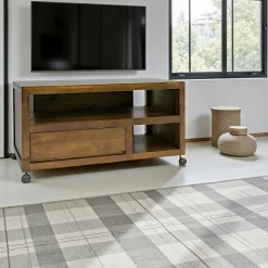 Meubles Tv En Bois|Olga Meuble TV à roulettes 1 tiroir hévéa 90cm