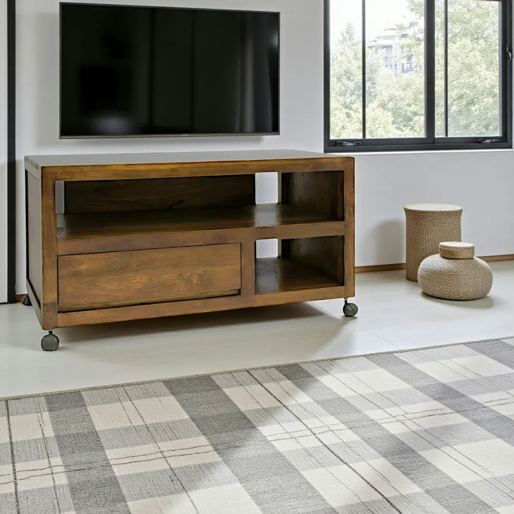 Meubles Tv En Bois|Olga Meuble TV à roulettes 1 tiroir hévéa 90cm