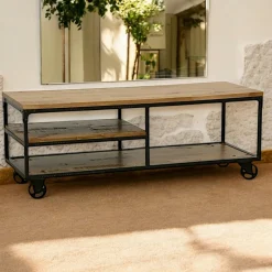 Meubles Tv Vintage|Meubles Tv Industriels|Loft / Loft Colors Meuble TV à roulettes double plateaux et étagére intermédiaire en Hévéa recyclé naturel et métal 140x50x52cm LOFT