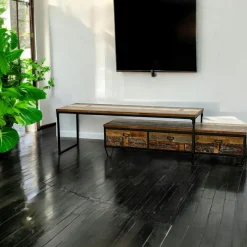 Meubles Tv Industriels|Meubles Tv En Bois|Loft / Loft Colors Meuble TV à roulettes en 2 parties, 3 tiroirs, 1 grand plateau en Hévéa recyclé coloré et métal 150x45x50cm LOFT COLORS