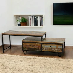 Meubles Tv Industriels|Meubles Tv En Bois|Loft / Loft Colors Meuble TV à roulettes en 2 parties, 3 tiroirs, 1 grand plateau en Hévéa recyclé coloré et métal 150x45x50cm LOFT COLORS