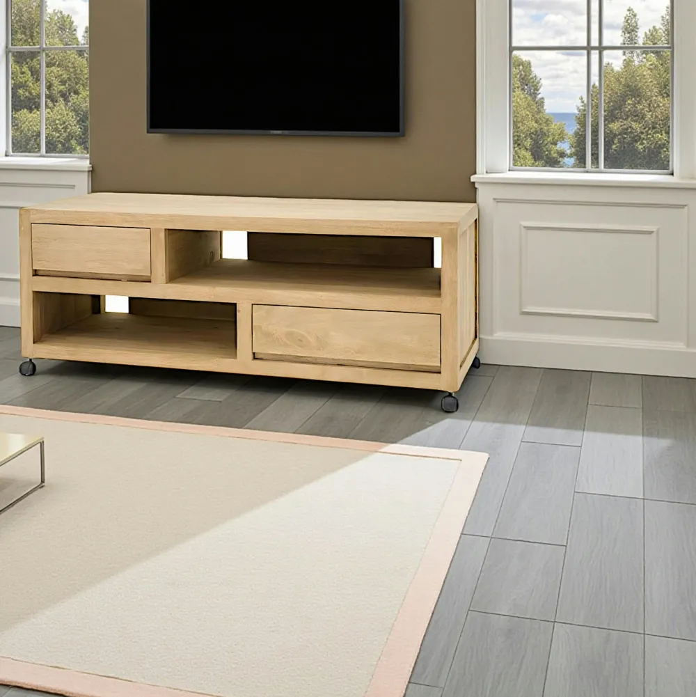 Meubles Tv En Bois|Olga Meuble Tv à roulettes hévéa 120CM