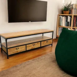 Meubles Tv Vintage|Meubles Tv Industriels|Loft / Loft Colors Meuble TV 3 tiroirs, 1 grande niche ouverte en Hévéa recyclé naturel et métal 150x45x50cm LOFT