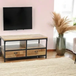 Meubles Tv Vintage|Meubles Tv Industriels|Loft / Loft Colors Meuble TV 3 tiroirs, 1 grande niche ouverte en Hévéa recyclé naturel et métal 150x45x50cm LOFT