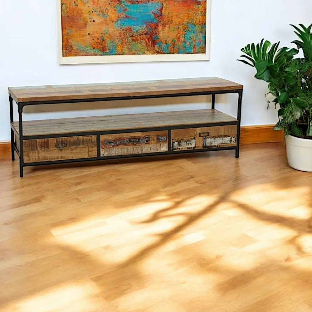 Meubles Tv Industriels|Meubles Tv En Bois|Loft / Loft Colors Meuble TV 3 tiroirs, 1 grande niche ouverte en Hévéa recyclé coloré et métal 150x45x50cm LOFT COLORS