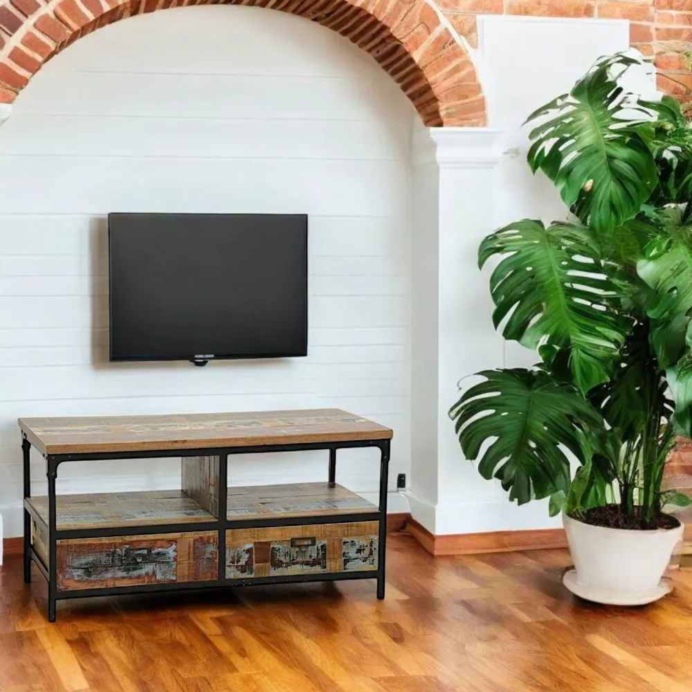 Meubles Tv Industriels|Meubles Tv En Bois|Loft / Loft Colors Meuble TV 3 tiroirs, 1 grande niche ouverte en Hévéa recyclé coloré et métal 150x45x50cm LOFT COLORS