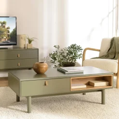 Meubles Tv En Bois|GUILIN Meuble TV 2 tiroirs 1 porte bois vert nature