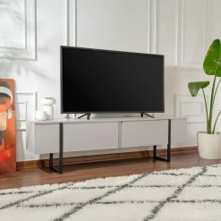 Meubles Tv En Bois|JENA Meuble TV avec rangement - effet gris laqué, pieds noirs