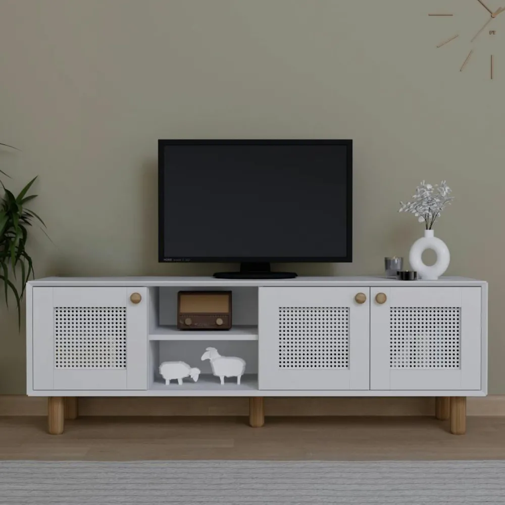 Meubles Tv En Bois|VAREN Meuble TV blanc avec cannage, 3 portes