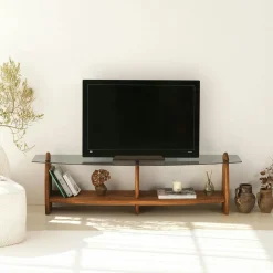 Meubles Tv En Bois|ANZIO Meuble TV bois brun et verre - 2 niches, vintage