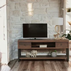 Meubles Tv En Bois|Meubles Tv Industriels|SAMOA Meuble TV bois brun recyclé double plateau