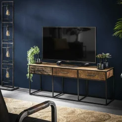 Meubles Tv En Bois|WELLINGTON Meuble tv bois recyclé brut acier 3 tiroirs
