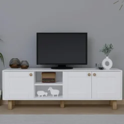 Meubles Tv En Bois|VAREN Meuble TV cannage, 3 portes sauge plateau effet chêne