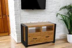 Meubles Tv Industriels|Meubles Tv D'Angle|Docker Meuble TV d'angle hévéa recyclé naturel et métal noirci 1 tiroir 1 niche 115X40X55cm