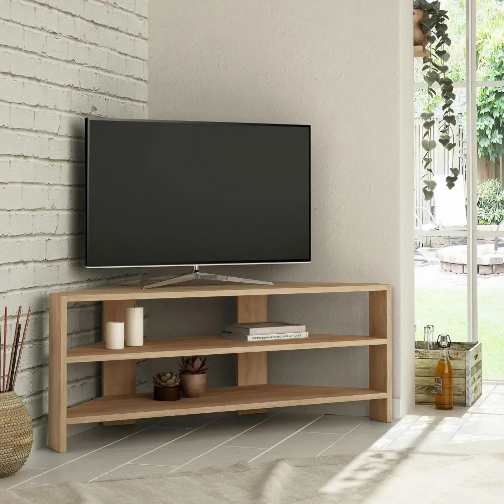 Meubles Tv En Bois|MARFA Meuble TV d'angle rangements ouverts - effet bois clair