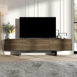 Meubles Tv En Bois|MARFA Meuble TV design 3 portes striées effet bois foncé cadre clair