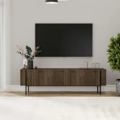 Meubles Tv En Bois|JENA Meuble TV design effet bois foncé pieds noirs baguette