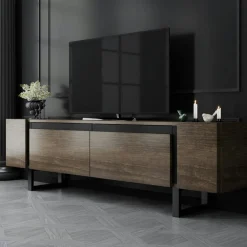 Meubles Tv En Bois|JENA Meuble TV design effet noyer pieds cadres noirs