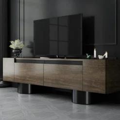 Meubles Tv En Bois|JENA Meuble TV design effet noyer pieds cylindres noirs