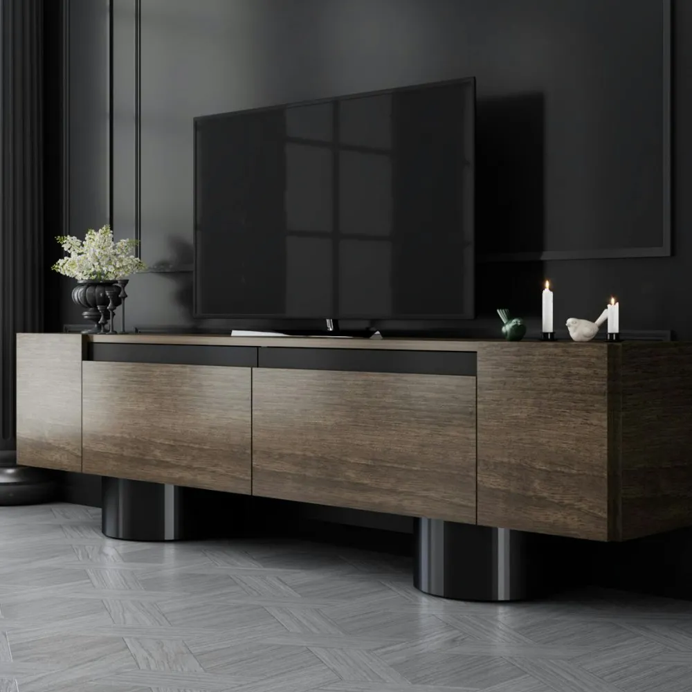 Meubles Tv En Bois|JENA Meuble TV design effet noyer pieds cylindres noirs