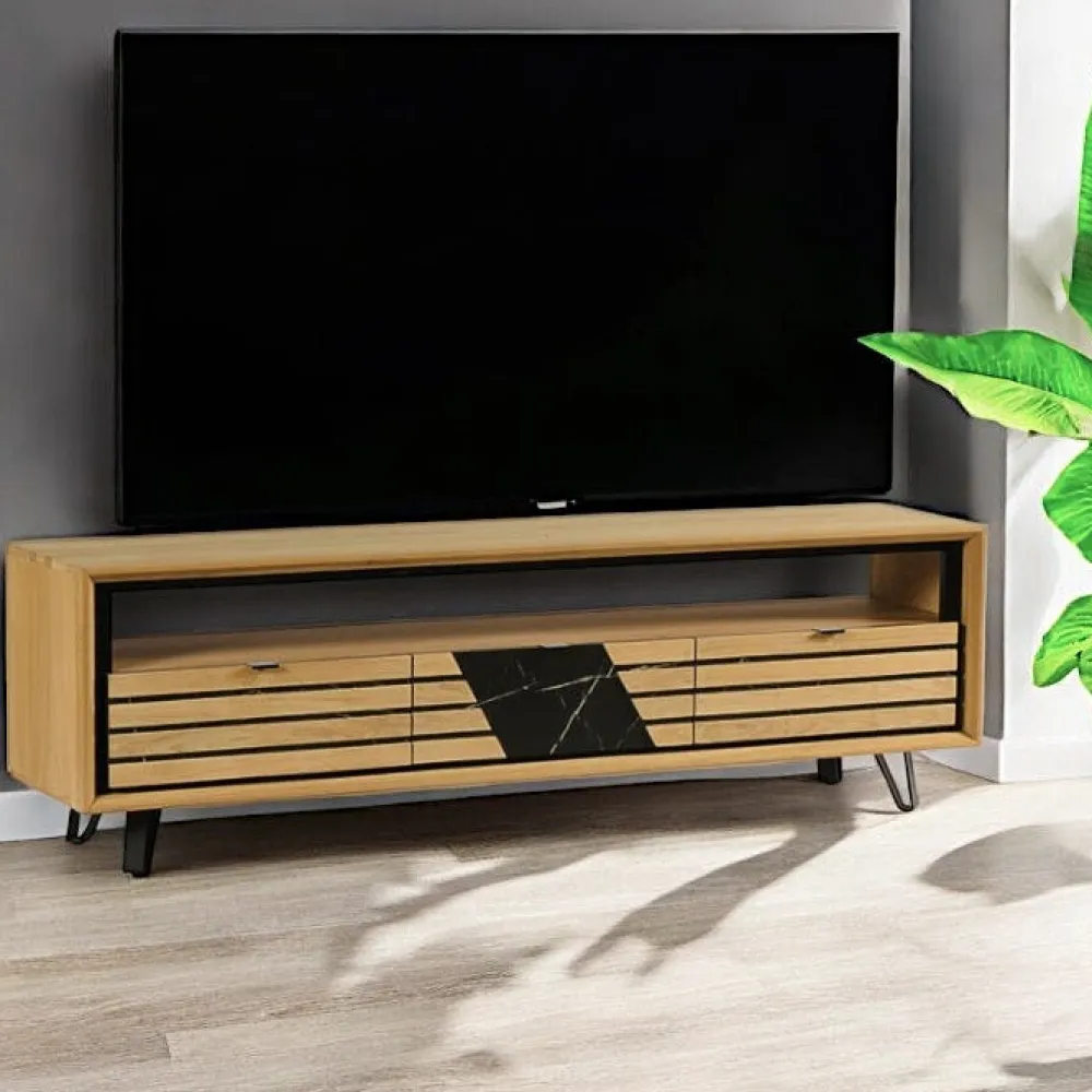 Meubles Tv En Bois|ESSEN Meuble tv design en bois de chêne finition miel, 3 tiroirs