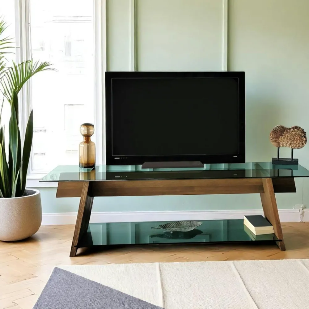 Meubles Tv En Bois|LHASA Meuble TV en bois brun et verre lagon - forme trapèze