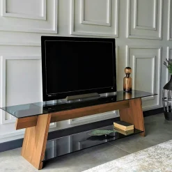 Meubles Tv En Bois|LHASA Meuble TV en bois brun et verre fumé - forme trapèze