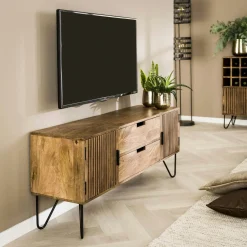 Meubles Tv En Bois|DELHI Meuble TV en bois de manguier motif baguette