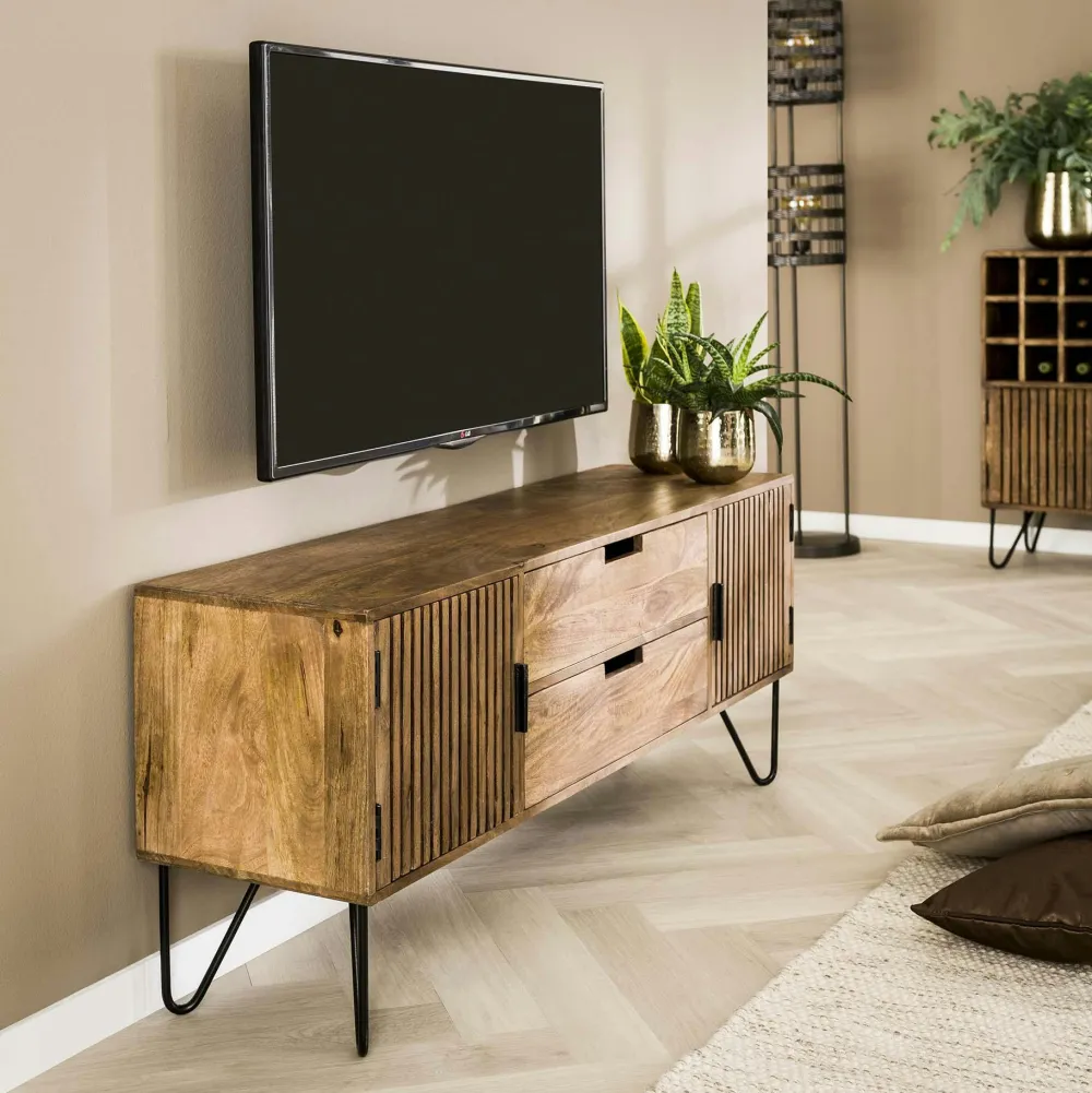 Meubles Tv En Bois|DELHI Meuble TV en bois de manguier motif baguette