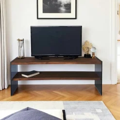 Meubles Tv En Bois|LHASA Meuble TV en bois marron et verre fumé - 2 niveaux