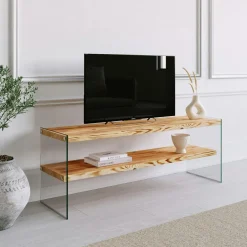 Meubles Tv En Bois|LHASA Meuble TV en bois marron et verre - 2 niveaux