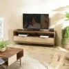 Meubles Tv En Bois|KANHA Meuble TV en bois pieds couleur laiton grande niche 2 tiroirs