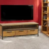 Meubles Tv En Bois|PUNE Meuble tv en teck poignées métal 3 tiroirs