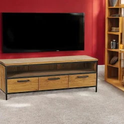 Meubles Tv En Bois|PUNE Meuble tv en teck poignées métal 3 tiroirs