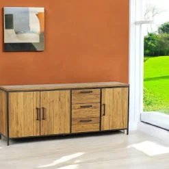 Meubles Tv En Bois|PUNE Meuble tv en teck poignées métal 3 tiroirs