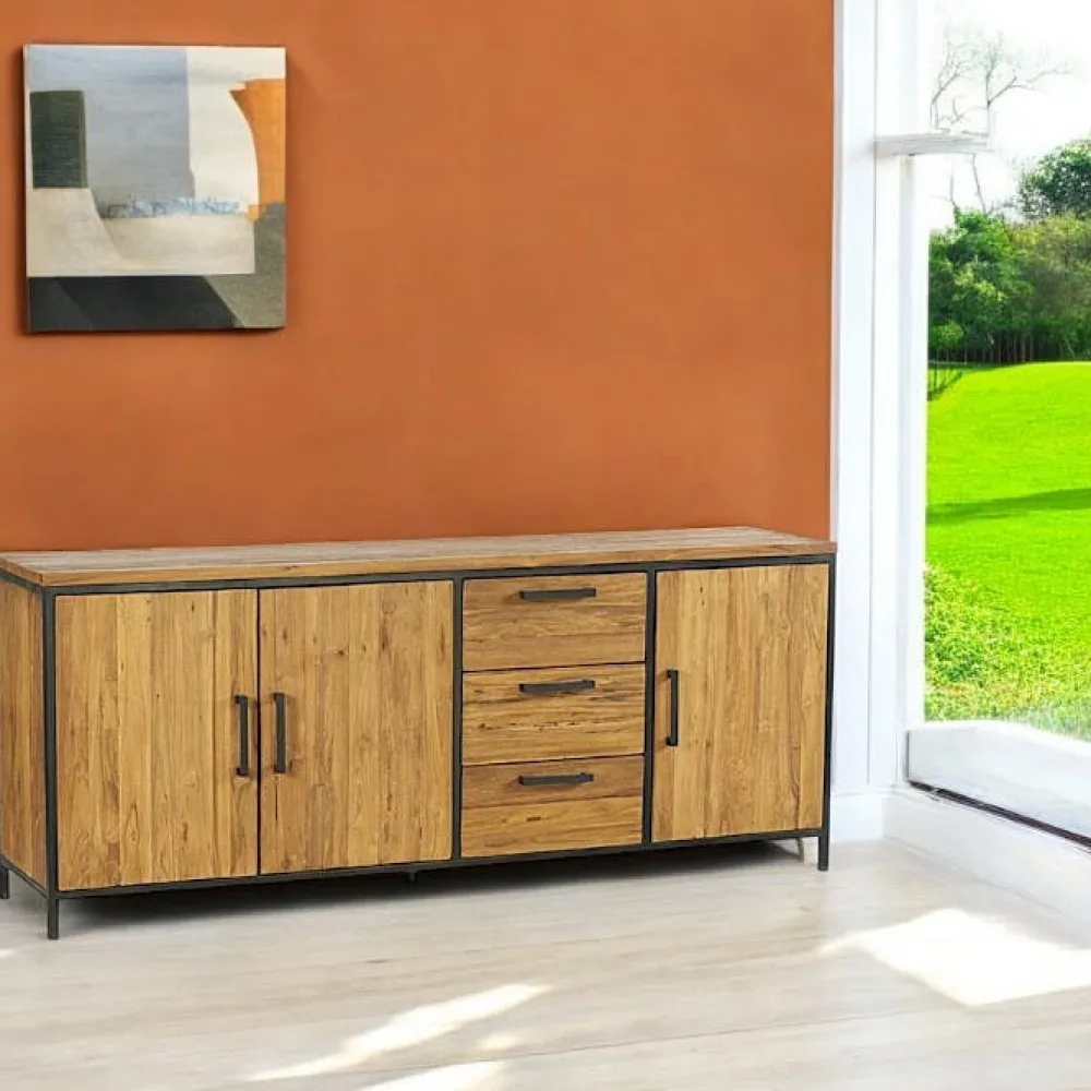 Meubles Tv En Bois|PUNE Meuble tv en teck poignées métal 3 tiroirs