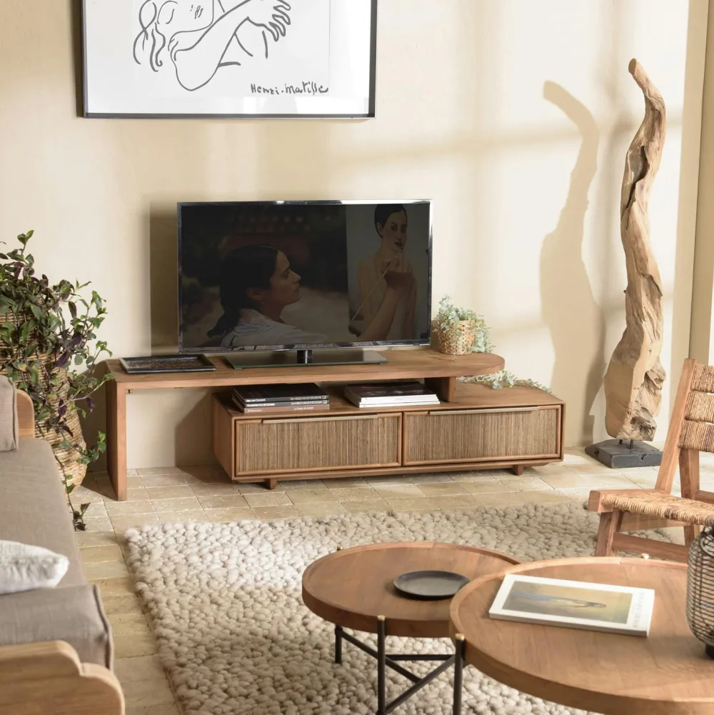 Meubles Tv En Bois|Swing Meuble TV extensible et modulable en teck recyclé 2 tiroirs