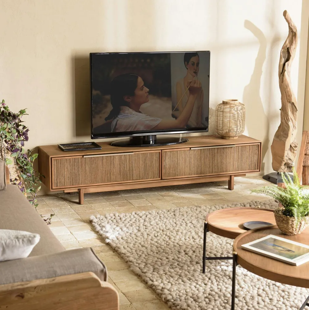 Meubles Tv En Bois|Swing Meuble TV extensible et modulable en teck recyclé 2 tiroirs