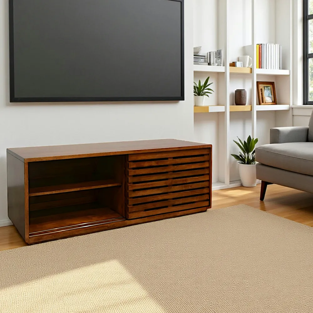 Meubles Tv En Bois|New Orléans Meuble TV Hévéa 2 portes coulissantes Persiennes 120x45x45cm NEW ORLEANS