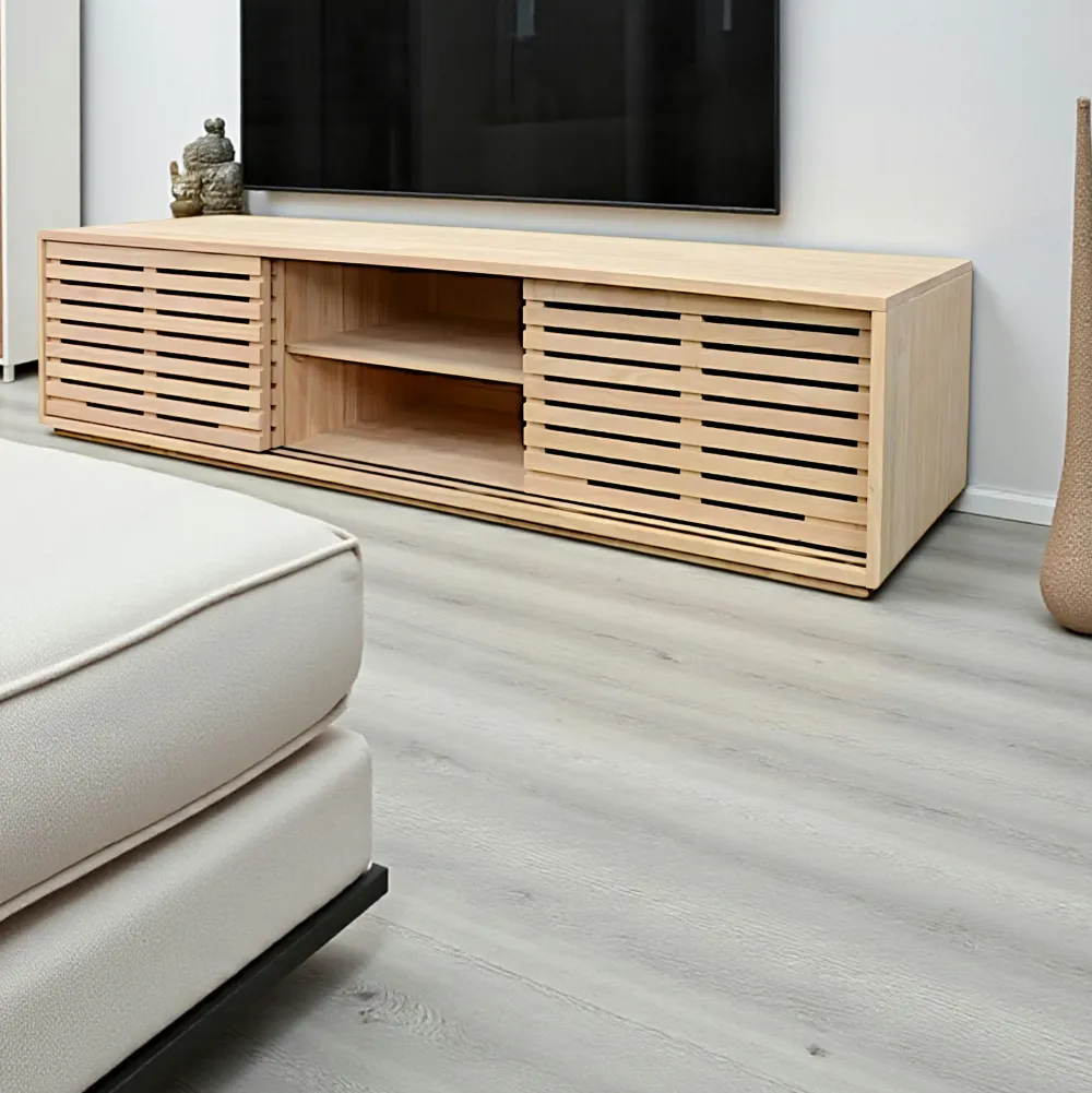 Meubles Tv En Bois|New Orléans Meuble TV Hévéa 3 portes coulissantes Persiennes 180 cm NEW ORLEANS