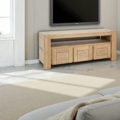 Meubles Tv Scandinaves|Meubles Tv En Bois|Attan Meuble TV Hévéa 3 tiroirs, 1 grande niche 120x40x50cm