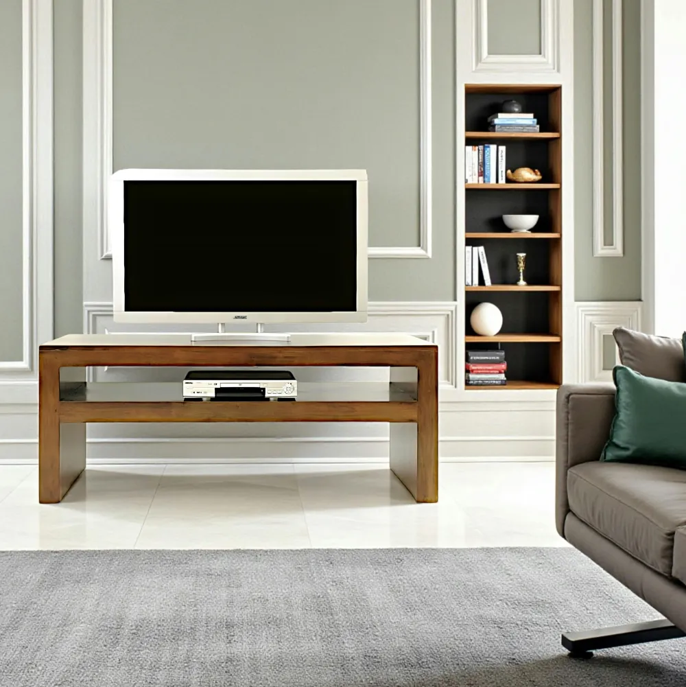 Meubles Tv En Bois|Olga Meuble TV Hévéa double plateaux 120x50x60cm