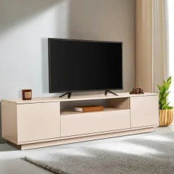 Meubles Tv En Bois|MARFA Meuble TV moderne 3 portes nude et effet travertin