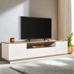 Meubles Tv En Bois|MARFA Meuble TV moderne 3 portes blanc et effet chêne