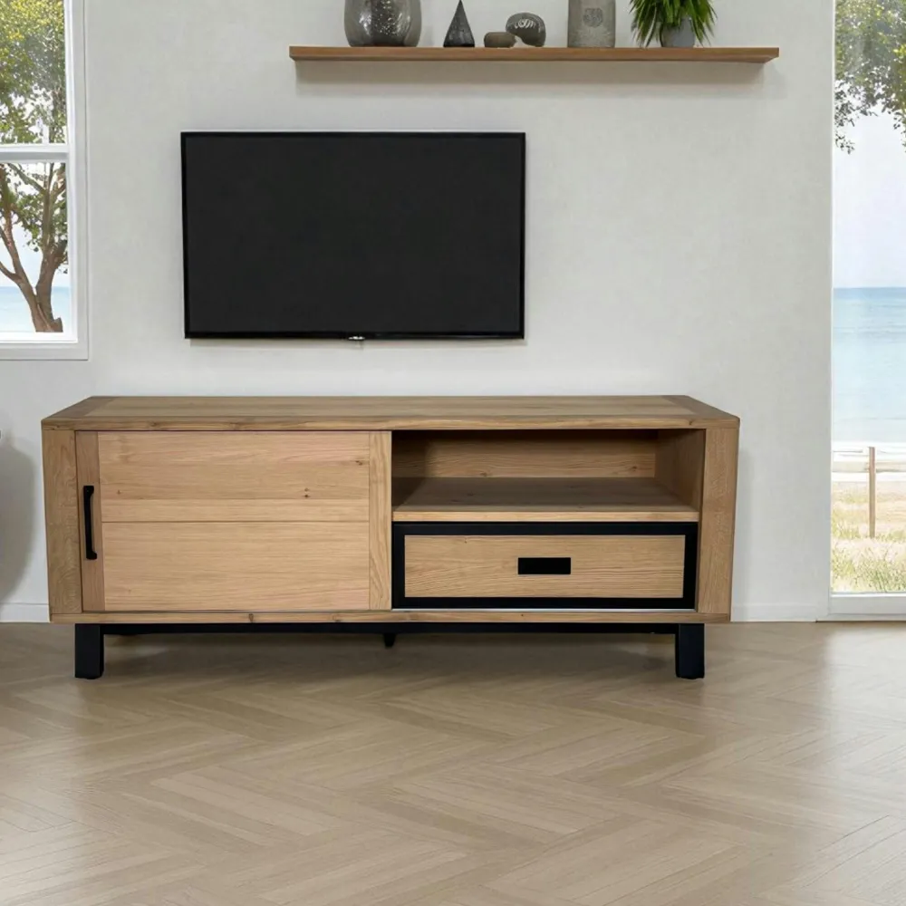 Meubles Tv En Bois|GRADO Meuble TV moderne avec rangement - bois clair chêne