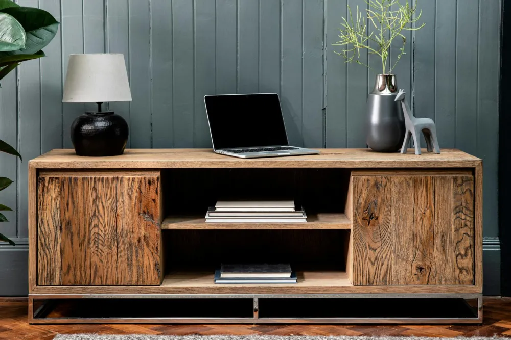 Meubles Tv En Bois|RIVERSIDE Meuble TV moderne chêne acier 150 cm