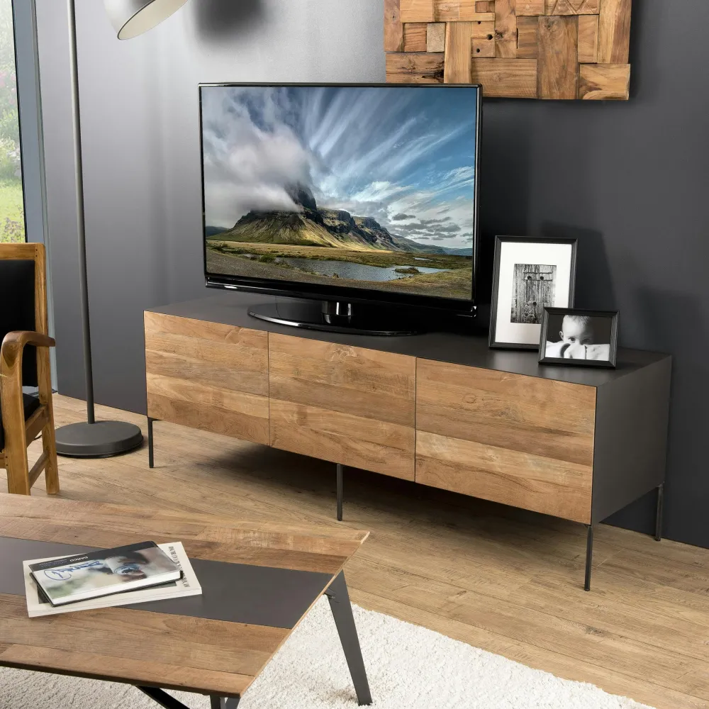 Meubles Tv En Bois|PANAMA Meuble tv moderne teck recyclé 2 portes