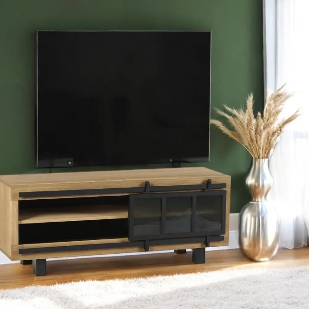 Meubles Tv Industriels|Meubles Tv En Bois|IASI Meuble TV pin brossé porte coulissante