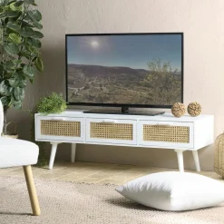 Meubles Tv Scandinaves|Meubles Tv En Bois|CALVIA Meuble TV scandinave bois blanc 3 tiroirs rotin